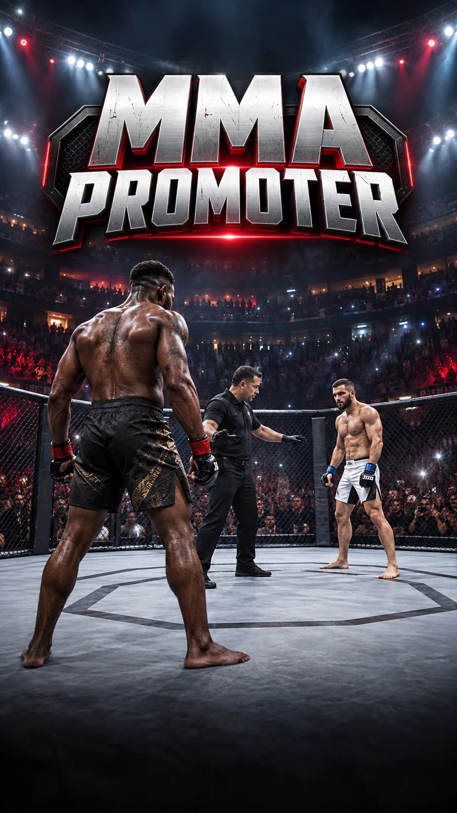MMA Promoter title above two fighters facing off inside a crowded arena cage