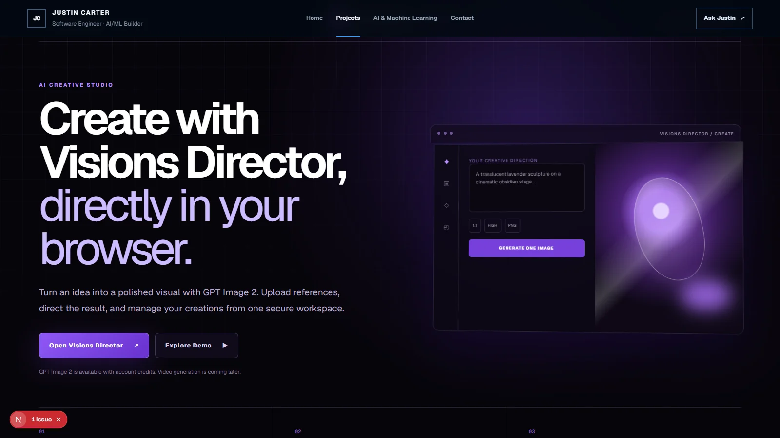 Visions Director landing page with a purple creative workspace preview