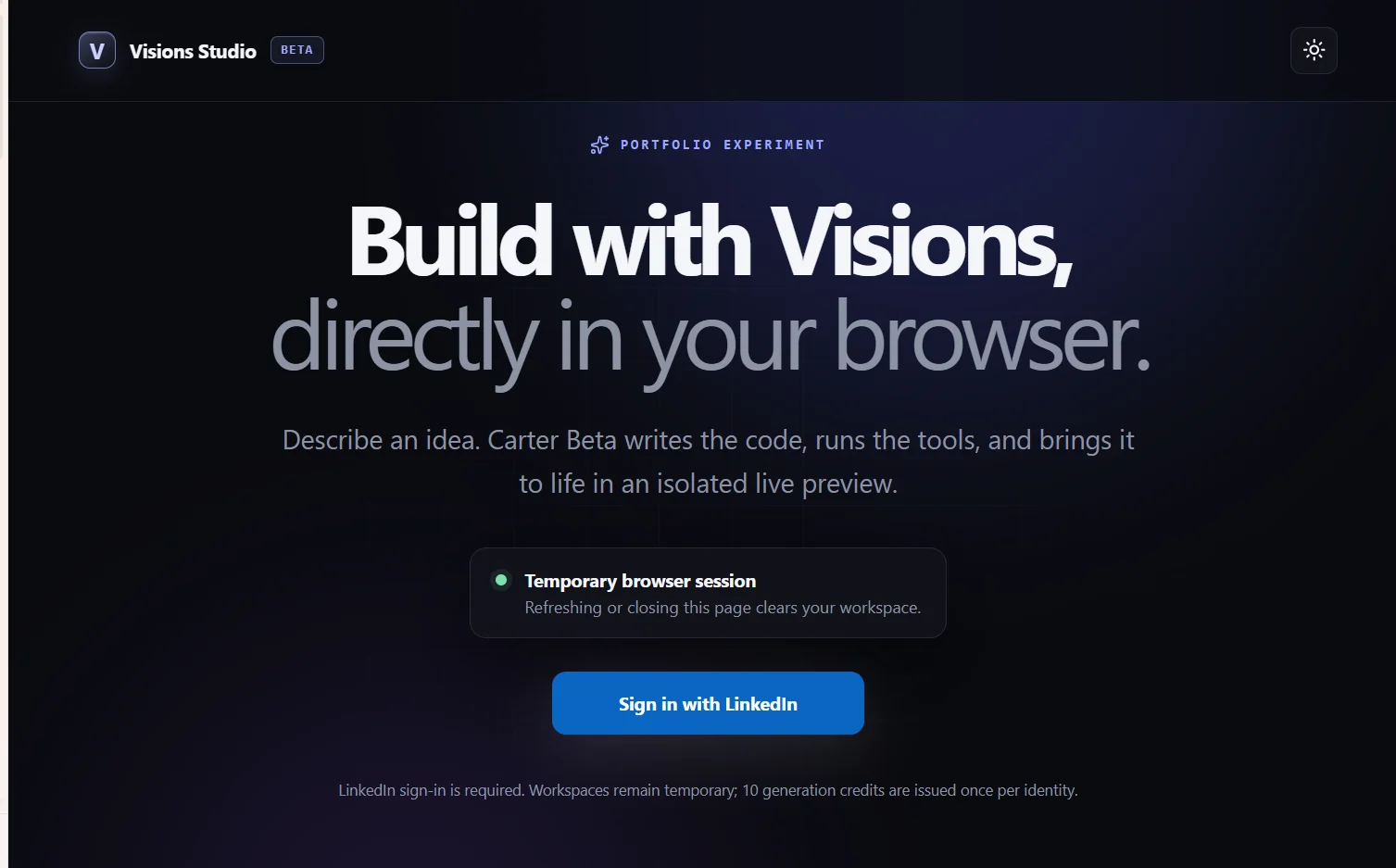 Visions Studio landing page with the headline Build with Visions directly in your browser