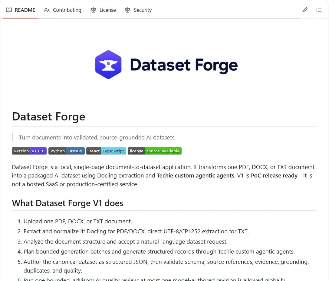 Dataset Forge documentation showing its logo and document to dataset workflow