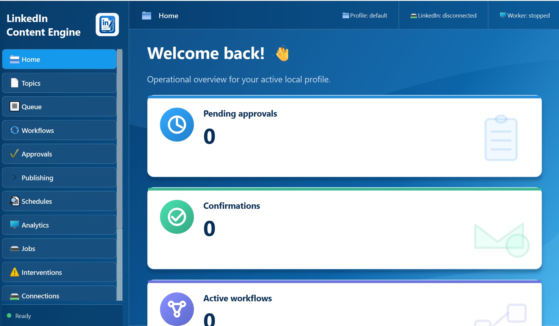 LinkedIn Content Engine dashboard showing navigation and cards for pending approvals, confirmations, and active workflows