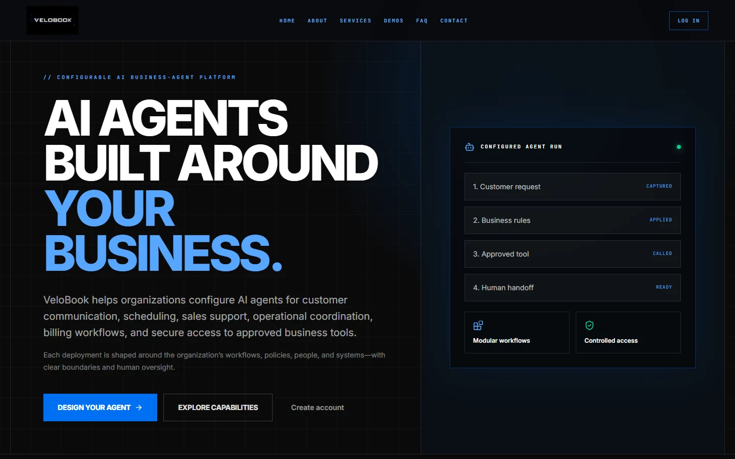 VeloBook homepage with the headline AI agents built around your business